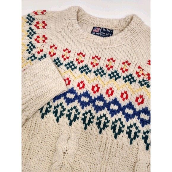 VTG Lord Jeff Sweater Men L White Fair Isle Cable Knit Crew Nordic 100% Wool USA - Picture 1 of 5
